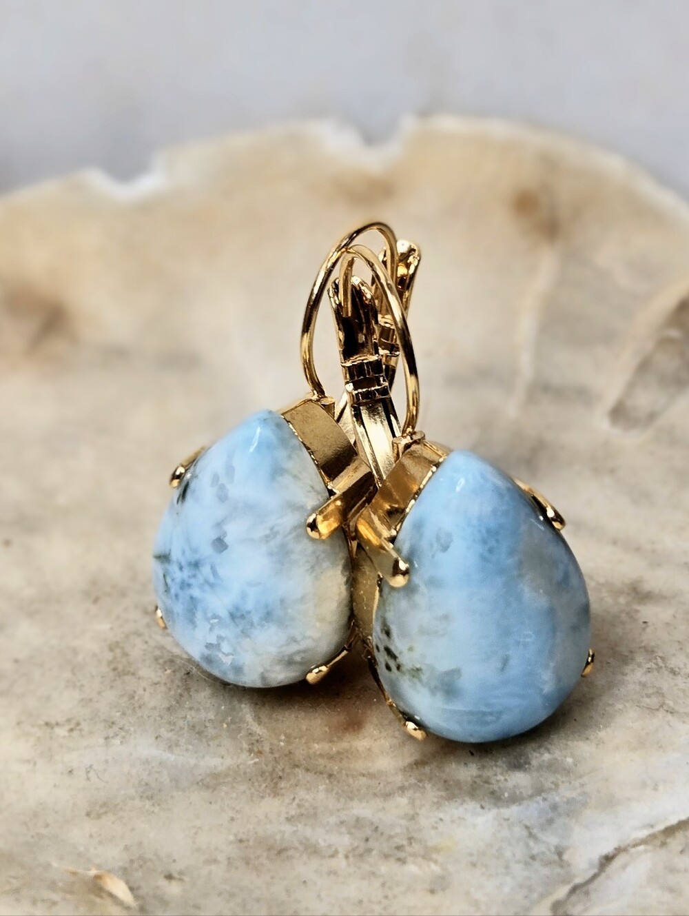 Natural Large Dominican Larimar in Gold Plated Drop Earrings -New